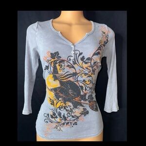 ONE WORLD Gray Long-Sleeve Henley Top with Black and Yellow Floral Graphic